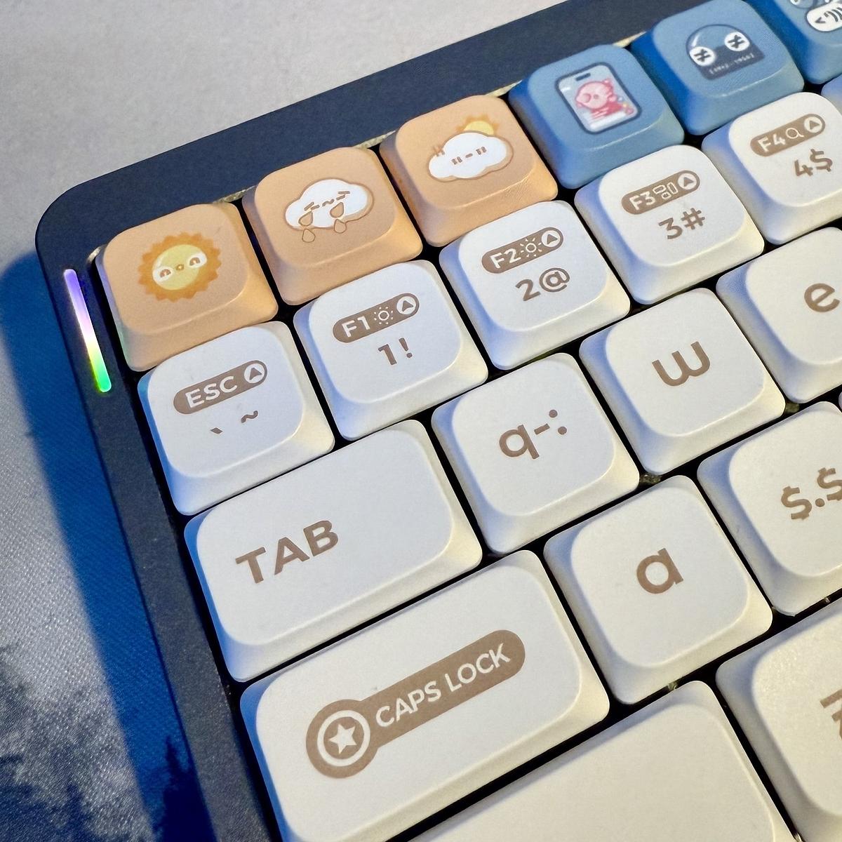 A close-up of a keyboard shows colorful keycaps with animal graphics and symbols.