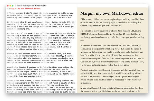 A dual-pane Markdown editor app called Margin, showing raw Markdown text on the left and rendered preview on the right.