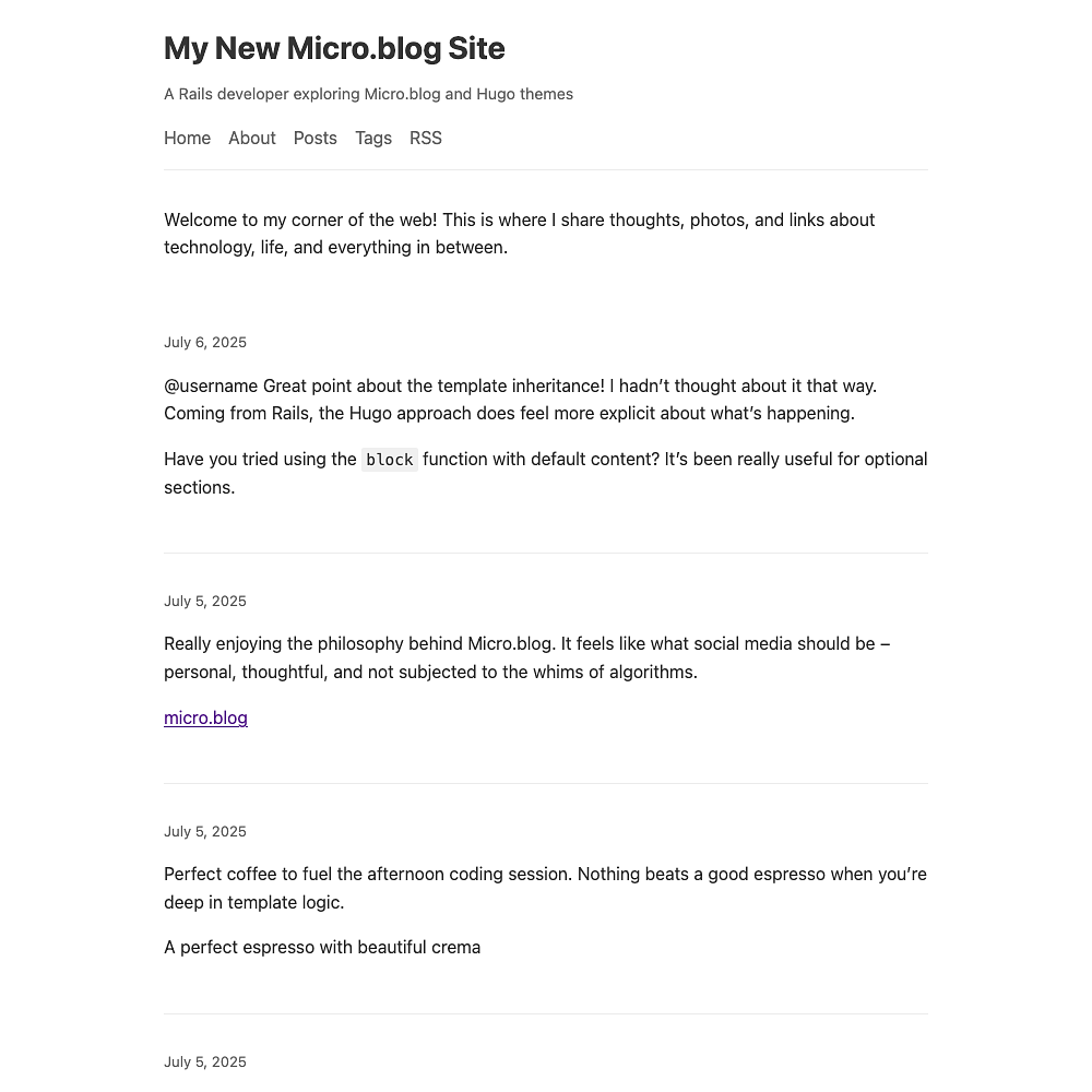 A blog page features posts about technology, coding, and espresso, along with a header and navigation links.