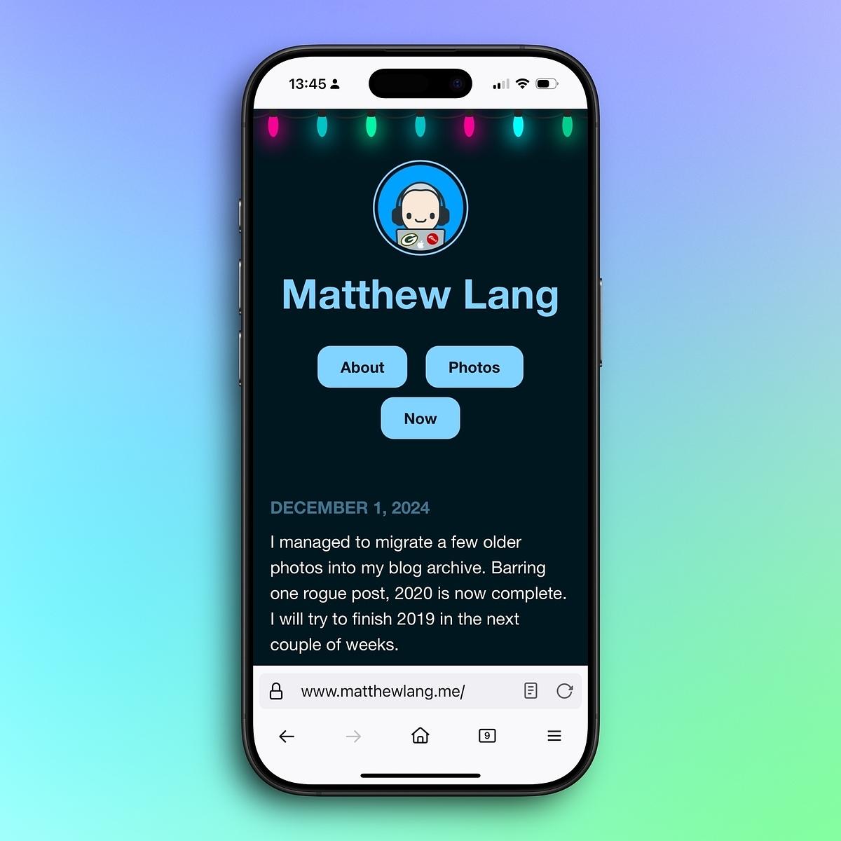 A smartphone displays a website with the name "Matthew Lang," featuring links for "About" and "Photos," set against a colorful gradient background.