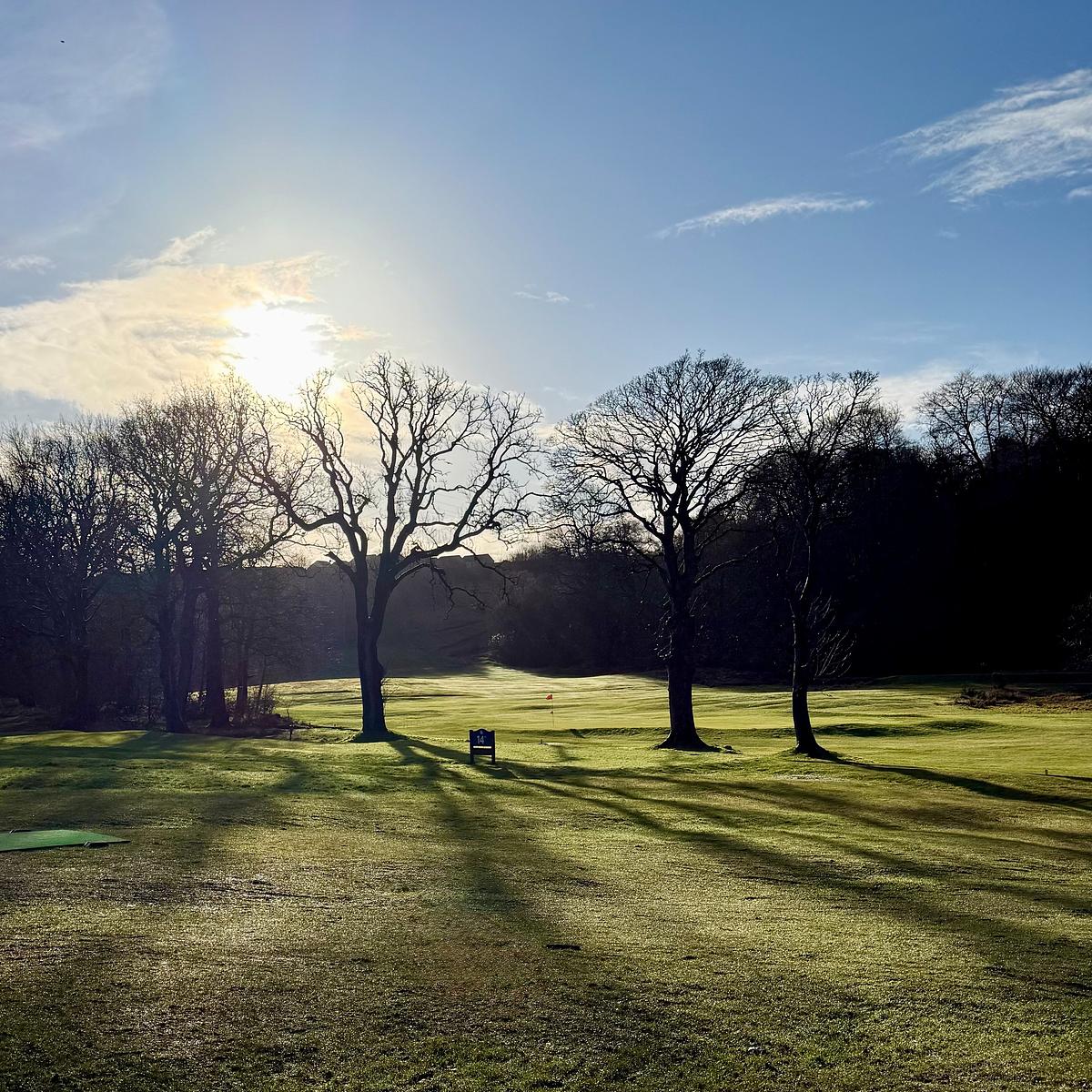 A serene landscape features a sunlit golf course surrounded by bare trees under a clear blue sky.