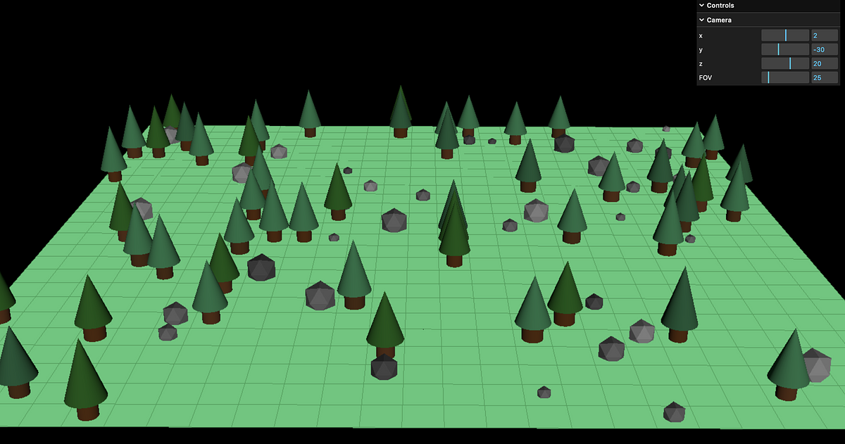 A screenshot of a green tiled board with trees and rocks on the board against a black background.