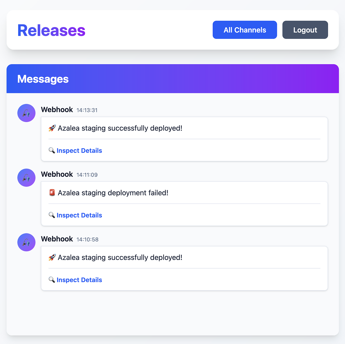 A user interface displays a Releases page with messages about deployment statuses, including both successful and failed updates.