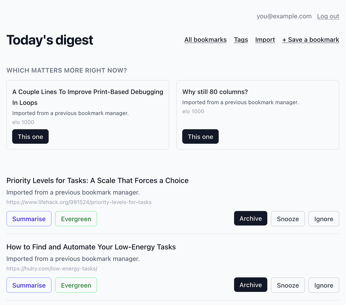 Bookmark digest interface showing a priority comparison between two articles and a list of saved bookmarks with action buttons.