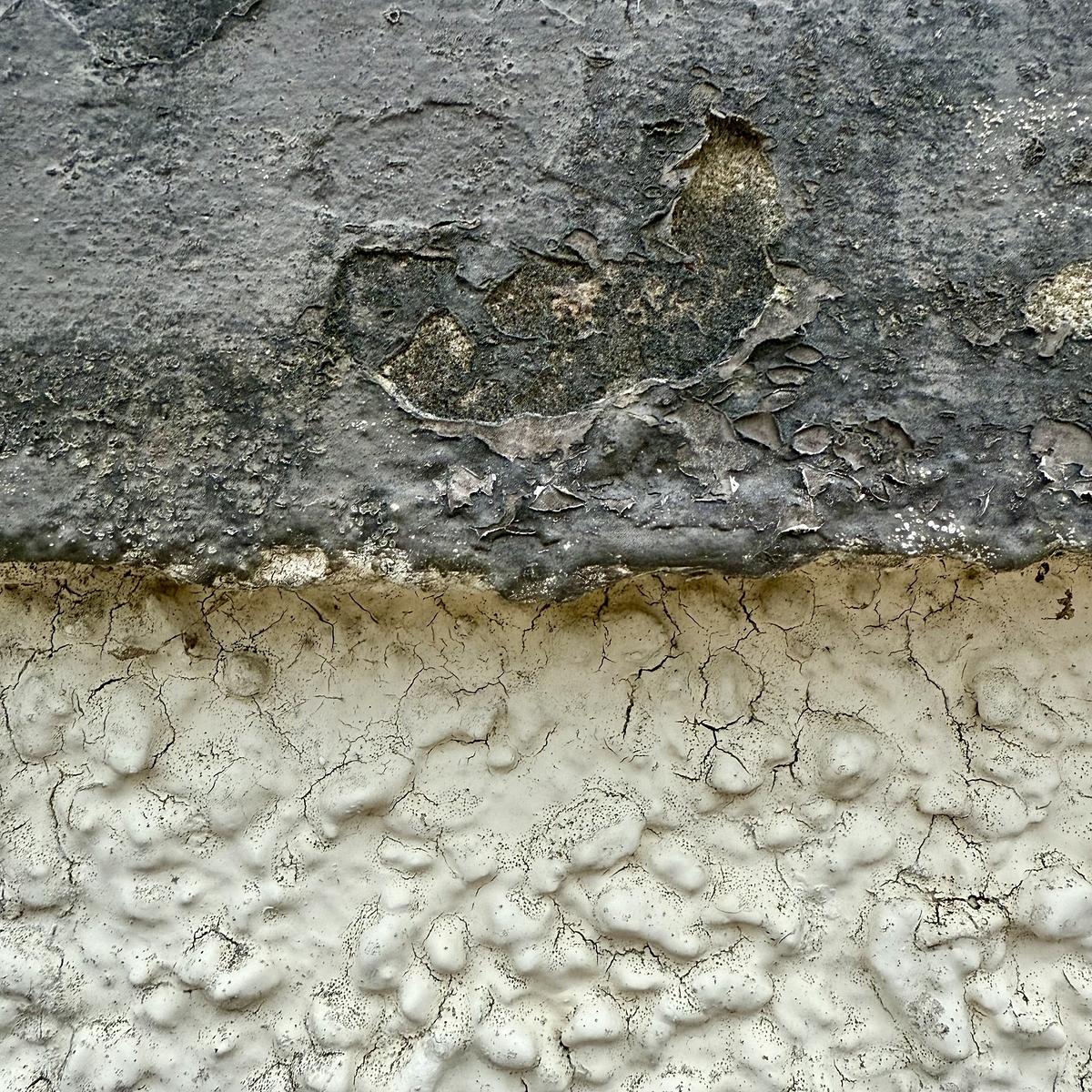 A textured surface is shown with peeling and cracked paint in shades of gray and white.