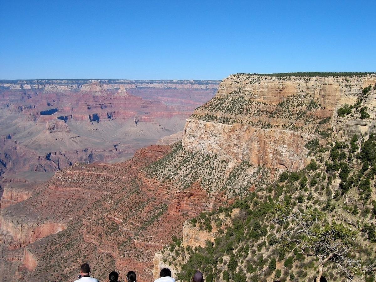 A group of people admire the expansive and colorful landscape of the Grand Canyon.