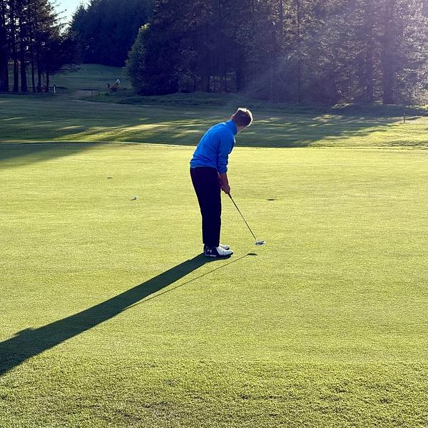 A person is putting on a golf green surrounded by trees under the bright sunlight.