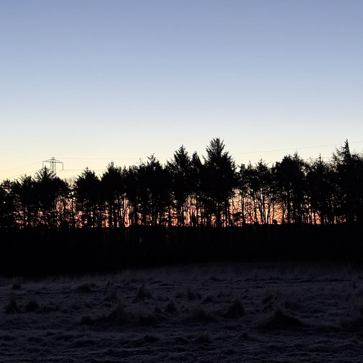 A sunset silhouette of a forested area with a clear blue and orange sky.