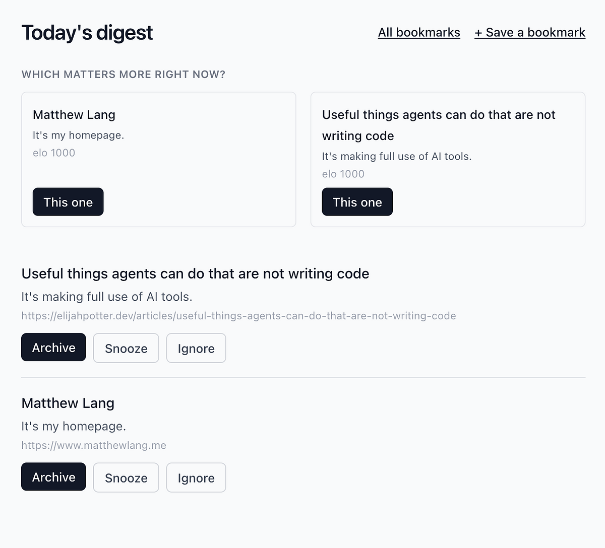 A bookmark digest interface showing an Elo-ranked comparison of two bookmarks with archive, snooze, and ignore actions below each entry.