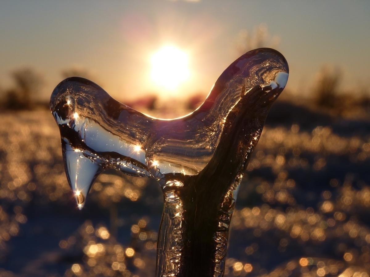 A beautifully lit icicle resembles a bird against a sunset backdrop.